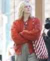 Elle Fanning Red Bomber Jacket Front