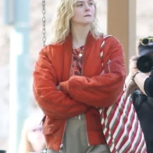 Elle Fanning Red Bomber Jacket Front