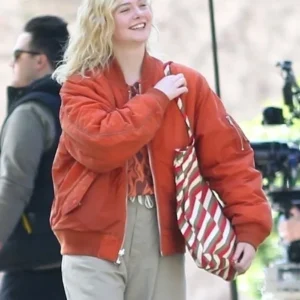 Elle Fanning Red Bomber Jacket Side