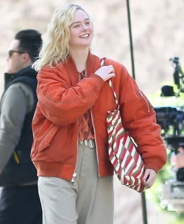 Elle Fanning Red Bomber Jacket Side