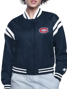Ellie Montreal Canadiens Printed Black Varsity Satin Jacket