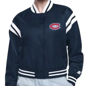 Ellie Montreal Canadiens Printed Black Varsity Satin Jacket