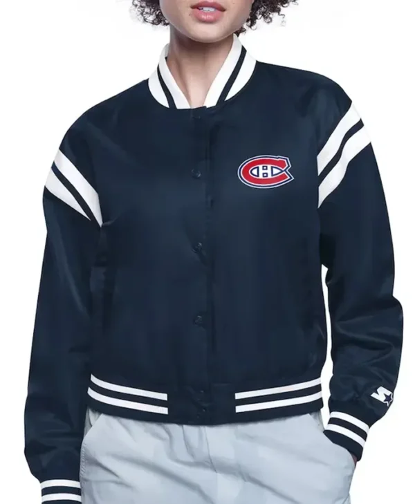Ellie Montreal Canadiens Printed Black Varsity Satin Jacket