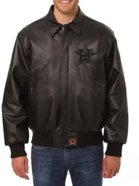Houston Astros Black Leather Full Snap Bomber Jacket