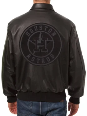Houston Astros Black Leather Full Snap Bomber Jacket Back