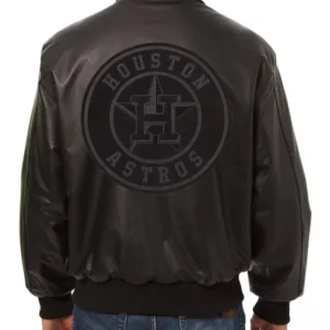 Houston Astros Black Leather Full Snap Bomber Jacket Back