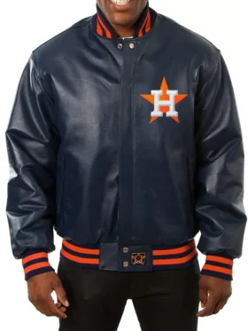 Houston Astros Navy Blue Leather Bomber Jacket