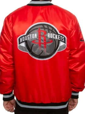 Houston Rocket Red Satin Bomber Full Snap Jacket
