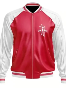 Houston Rockets Red And White Bomber Leather Zipper Jacket