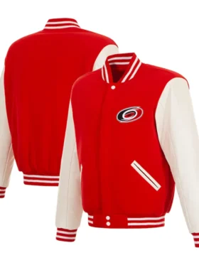 Hurricanes Red And White Wool Full Snap Varsity Jacket