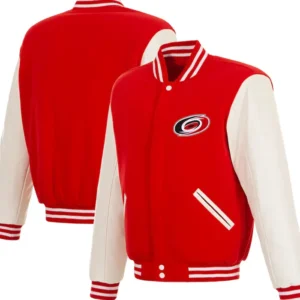 Hurricanes Red And White Wool Full Snap Varsity Jacket