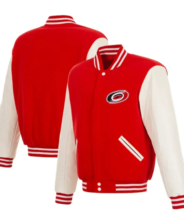 Hurricanes Red And White Wool Full Snap Varsity Jacket