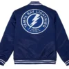 Joanie Tampa Bay Lightning Heavyweight Blue Satin Varsity Jacket Back