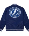 Joanie Tampa Bay Lightning Heavyweight Blue Satin Varsity Jacket Back