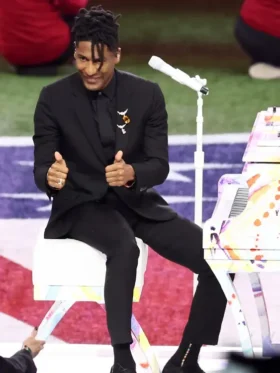 Jon Batiste Super Bowl 2025 in New Orleans Black suit