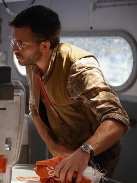 Jurassic World Rebirth Jonathan Bailey Brown Vest