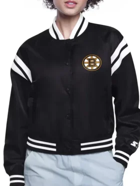 Laury Boston Bruins Printed Black Varsity Satin Jacket