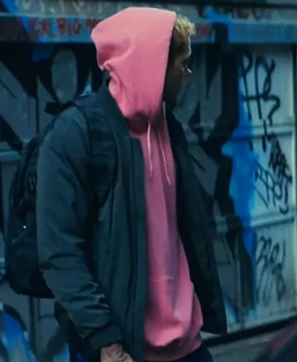 Locked 2025 Bill Skarsgard Blue Bomber Jacket Side