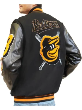 MLB Baltimore Orioles Retro Classic Mens Rib Wool Varsity Jacket Side Pose