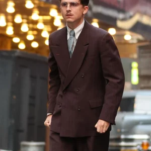 Marty Supreme 2025 Timothee Chalamet Maroon Suit Front