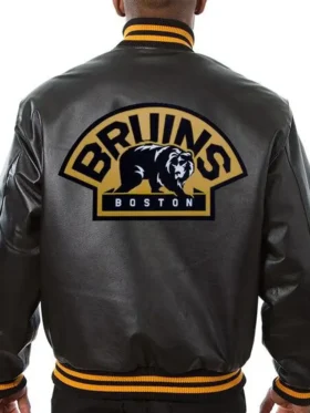 Mason Boston Bruins Black Bomber Leather Jacket Back