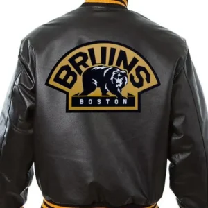 Mason Boston Bruins Black Bomber Leather Jacket Back