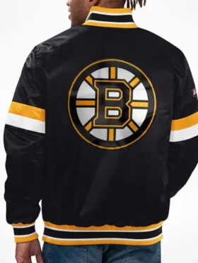 Meagan Boston Bruins Home Game Black Satin Varsity Jacket Back