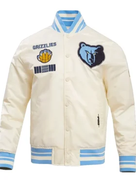 Memphis Grizzlies Satin Full Snap Bomber Jacket White