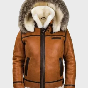 Mens RAF B3Bomber Flying Brown Aviator Fur Shearling Sheepskin Leather Jacket Front