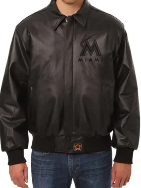 Miami Marlins Black Leather Bomber Jacket