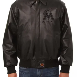Miami Marlins Black Leather Bomber Jacket