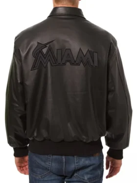 Miami Marlins Black Leather Bomber Jacket Back