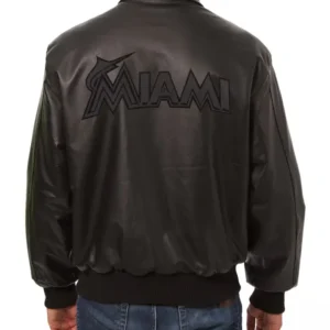 Miami Marlins Black Leather Bomber Jacket Back