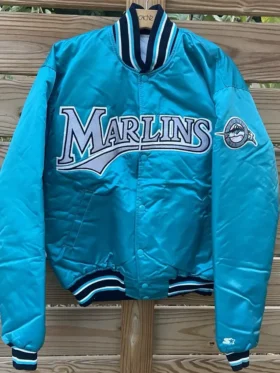 Miami Marlins Blue Vintage Full Snap Starter Bomber Jacket
