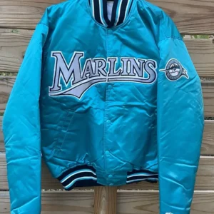 Miami Marlins Blue Vintage Full Snap Starter Bomber Jacket