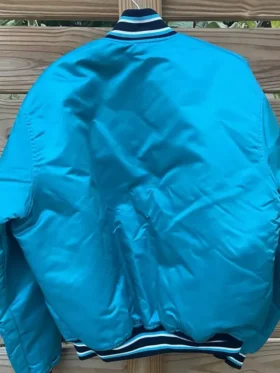 Miami Marlins Blue Vintage Full Snap Starter Bomber Jacket Back