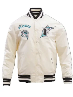 Miami Marlins White Satin Full Snap Bomber Jacket