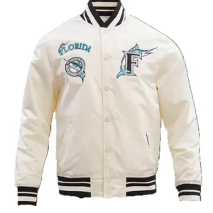 Miami Marlins White Satin Full Snap Bomber Jacket