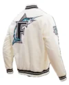 Miami Marlins White Satin Full Snap Bomber Jacket Back