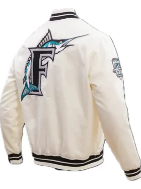 Miami Marlins White Satin Full Snap Bomber Jacket Back