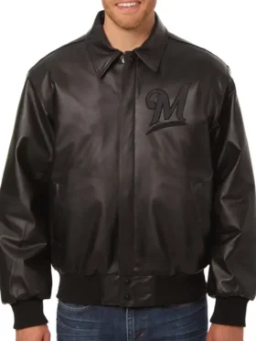 Milwaukee Brewers Black Leather Bomber Jacket
