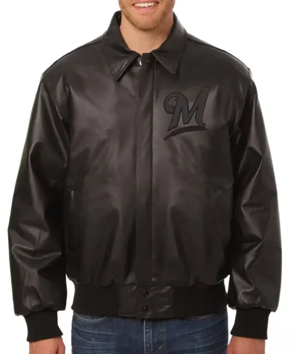 Milwaukee Brewers Black Leather Bomber Jacket