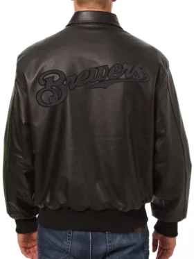 Milwaukee Brewers Black Leather Bomber Jacket Back