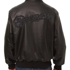 Milwaukee Brewers Black Leather Bomber Jacket Back