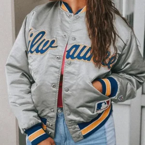 Milwaukee Brewers Grey Vintage Bomber Jacket