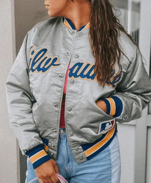 Milwaukee Brewers Grey Vintage Bomber Jacket