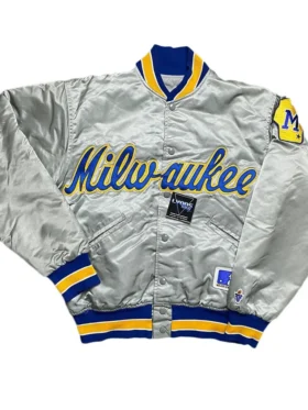 Milwaukee Brewers Grey Vintage Bomber Jacket For Sale