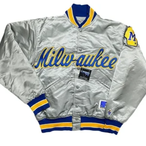 Milwaukee Brewers Grey Vintage Bomber Jacket For Sale