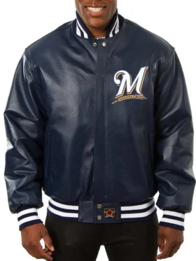 Milwaukee Brewers Navy Blue Leather Bomber Jacket