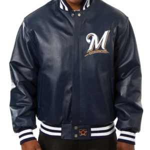 Milwaukee Brewers Navy Blue Leather Bomber Jacket